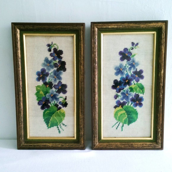 Pair of Framed Floral Needlepoint Cottage Decor